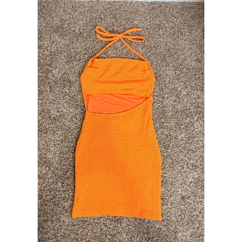 Orange Textured Knit Cutout Mini Dress